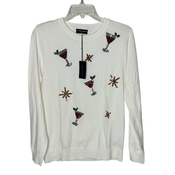 Victoria Harbour Ivory Mock Neck Sequin Martinis Holiday Sweater. Size Medium. - Picture 1 of 8